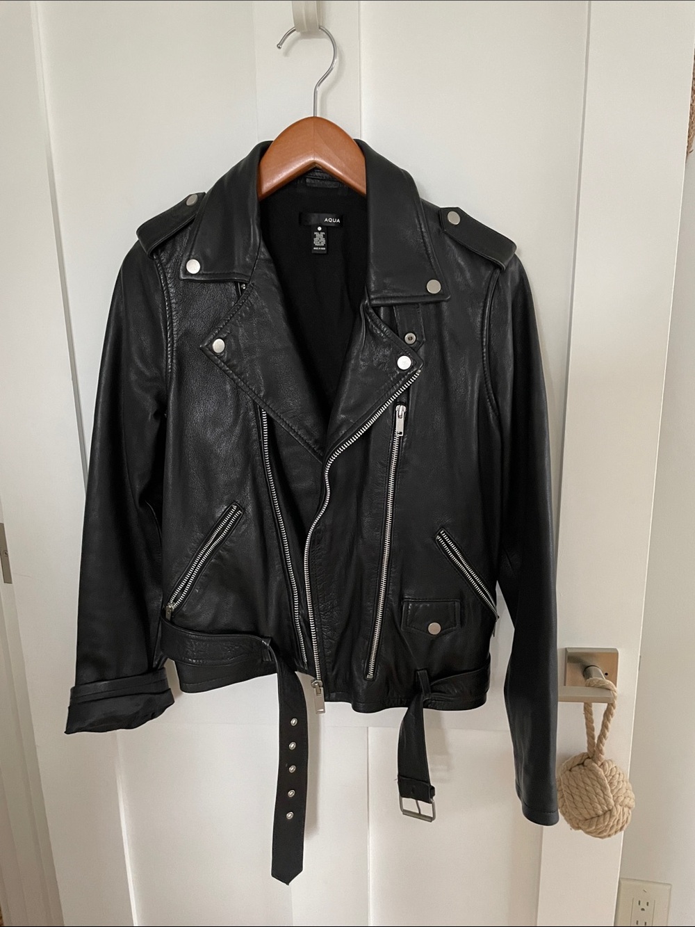 Aqua Black Leather Moto Jacket with Belted Hem